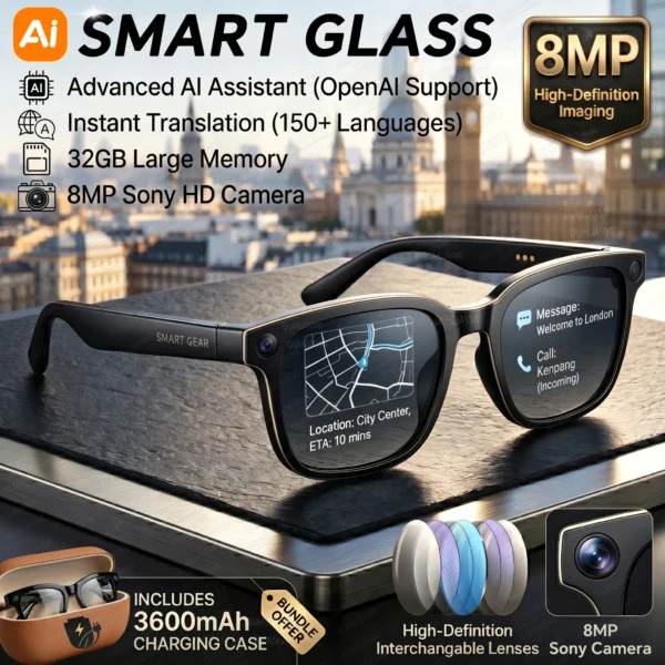 2026New 8MP 4K HD Camera AI Glasses Men 3600mAh Power Bank 32G Memory 160+ Translation Glasses Waterproof Smart Sunglasses Women
