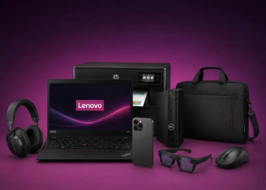 Selection Up Novo Tech : ordinateur portable Lenovo ThinkPad, iPhone, casque, lunettes connectees, sacoche et souris