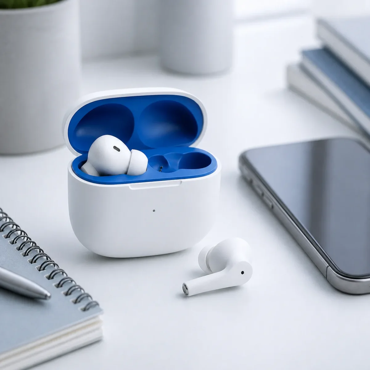 Écouteurs sans fil sur un bureau