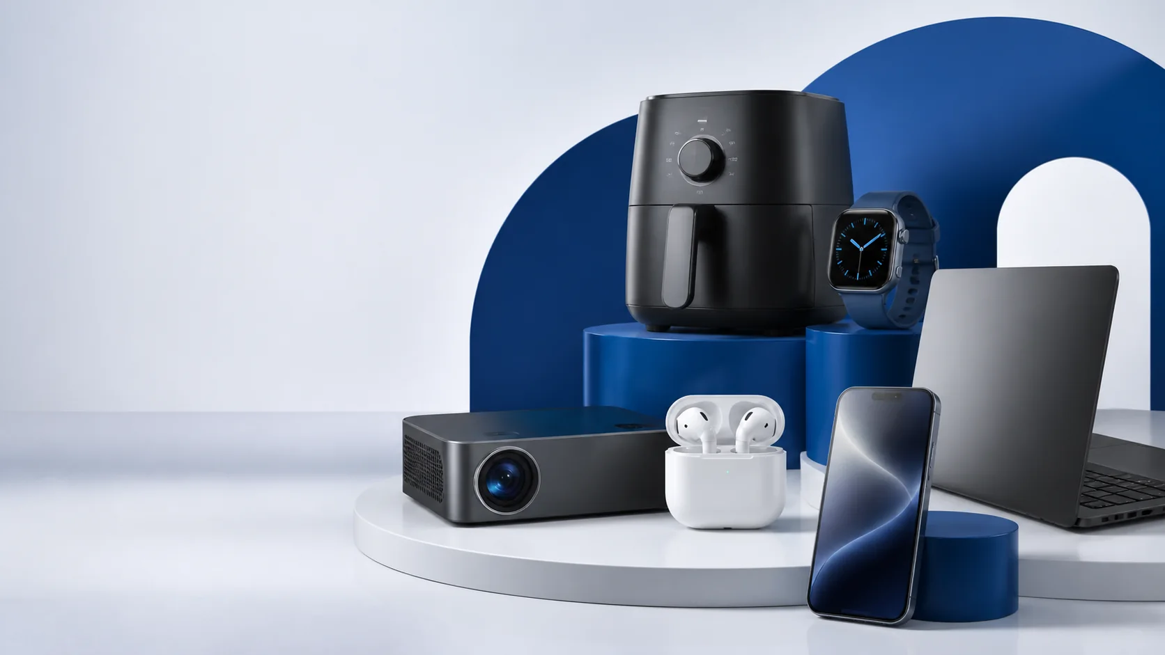 Ordinateur portable, téléphone, écouteurs et projecteur Up Novo Tech